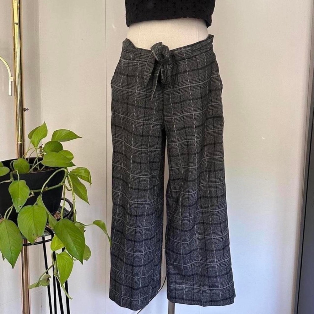 Hot Kiss Plaid Wide Leg Cropped Trousers Tie Waist Grey Black Capris Size 7